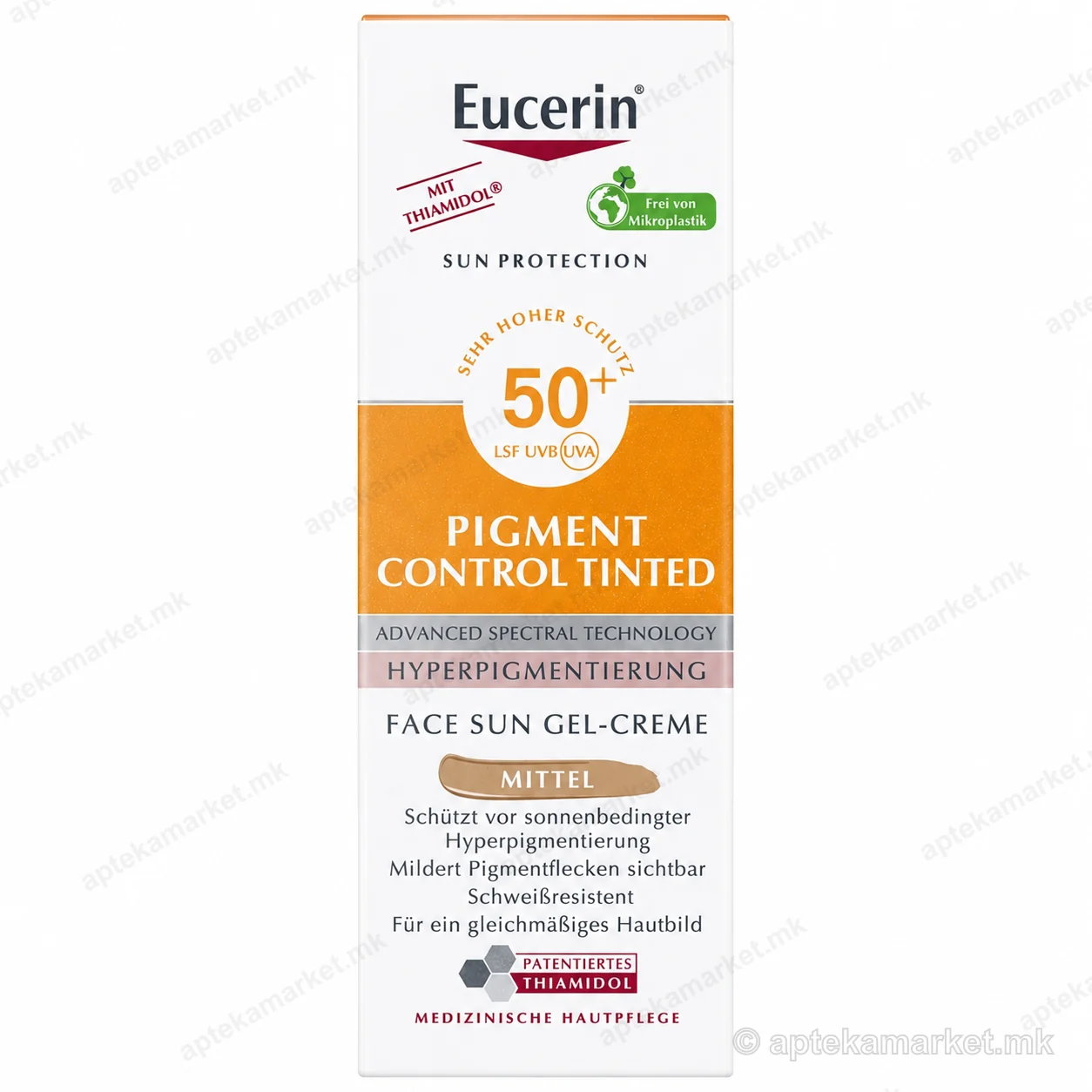 Eucerin Sun Pigment Control Tinted SPF 50+ Face Sun Gel-Crème Medium, 50 ml пакување